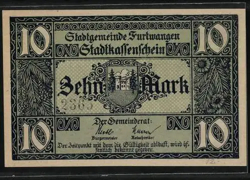 Notgeld Furtwangen 1918, 10 Mark, Skifahrer vor Berglandschaft und Stadtsiegel mit Burg