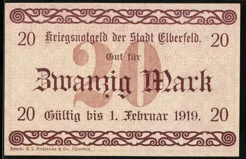 Notgeld Elberfeld 1918, 20 Mark, Kriegsnotgeld der Stadt Elberfeld gültig bis 1. Februar 1919