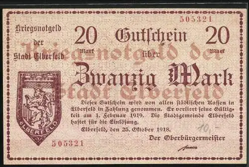 Notgeld Elberfeld 1918, 20 Mark, Kriegsnotgeld der Stadt Elberfeld gültig bis 1. Februar 1919