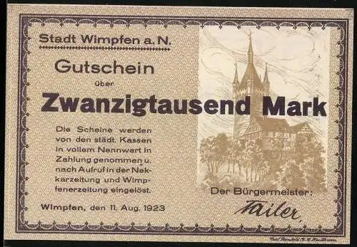 Notgeld Wimpfen 1923, 20000 Mark, Gutschein mit Stadtansicht und Burgturm, Nr. 43795