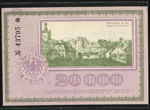 Notgeld Wimpfen 1923, 20000 Mark, Gutschein mit Stadtansicht und Burgturm, Nr. 43795