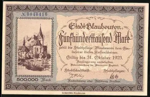 Notgeld Blaubeuren, 1923, 500000 Mark, Gültig bis 31. Oktober 1923, Stadtbild und Signaturen