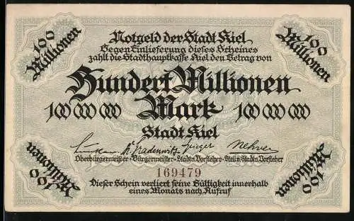 Notgeld Kiel, 100 Millionen Mark, Stadt Kiel Schein mit Seriennummer 169479