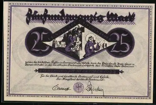 Notgeld Dortmund 1922, 25 Mark, violett-schwarzer Schein mit Bauarbeitermotiv und Liebespaar unter Baum