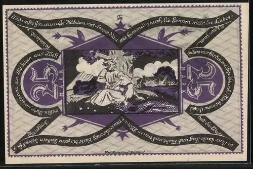 Notgeld Dortmund 1922, 25 Mark, violett-schwarzer Schein mit Bauarbeitermotiv und Liebespaar unter Baum