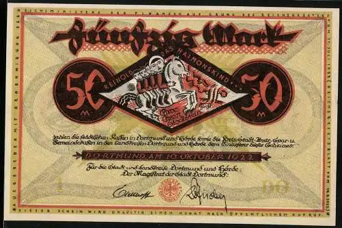 Notgeld Dortmund 1922, 50 Mark, farbenfrohes Design mit mythologischem Motiv und ländlicher Szene