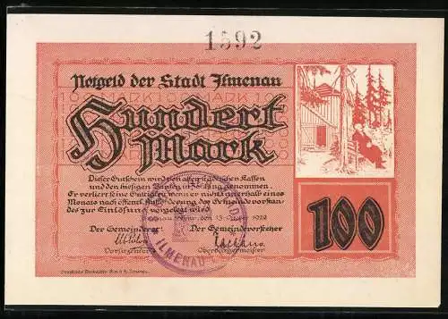 Notgeld Ilmenau 1922, 100 Mark, Illustration eines Gebäudes und Wappenmotive auf Rückseite