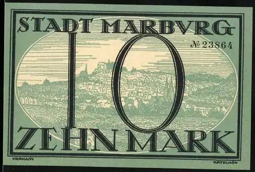 Notgeld Marburg, 1918, 10 Mark, Stadtansicht und Gültigkeitshinweis