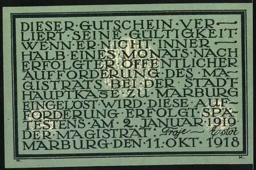 Notgeld Marburg, 1918, 10 Mark, Stadtansicht und Gültigkeitshinweis