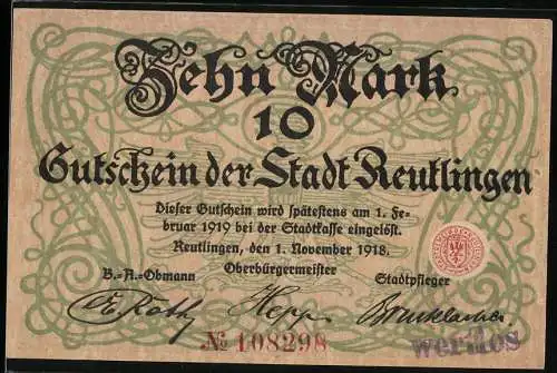 Notgeld Reutlingen 1918, 10 Mark, Gutschein der Stadt mit Stadtwappen und Stadtansicht