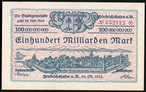 Notgeld Friedrichshafen 1923, 100 Milliarden Mark, Stadtansicht und Kaninchen unter Sonne und Segelbooten