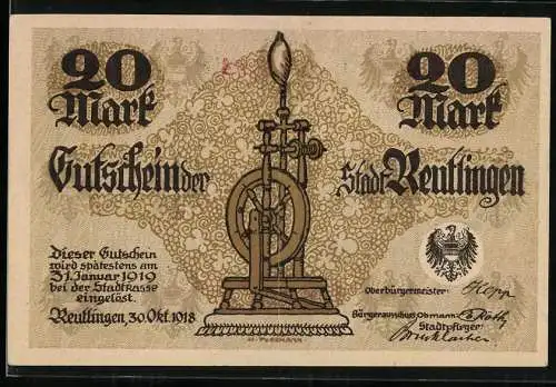 Notgeld Reutlingen 1918, 20 Mark, Gutschein der Stadt mit Spinnrad und Stadtansicht