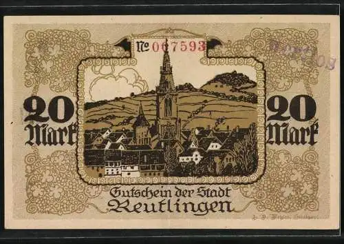 Notgeld Reutlingen 1918, 20 Mark, Gutschein der Stadt mit Spinnrad und Stadtansicht