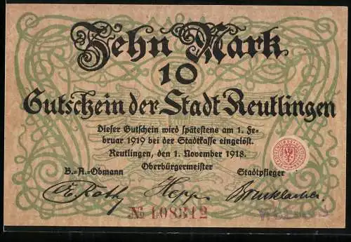 Notgeld Reutlingen 1918, 10 Mark, Gutschein der Stadt, Stadtansicht und Wappen