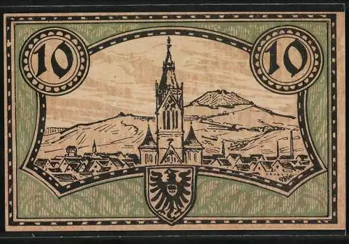 Notgeld Reutlingen 1918, 10 Mark, Gutschein der Stadt, Stadtansicht und Wappen