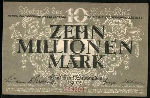 Notgeld Kiel 1923, 10 Millionen Mark, Zehn Millionen Mark, Stadt Kiel, 1. September 1923