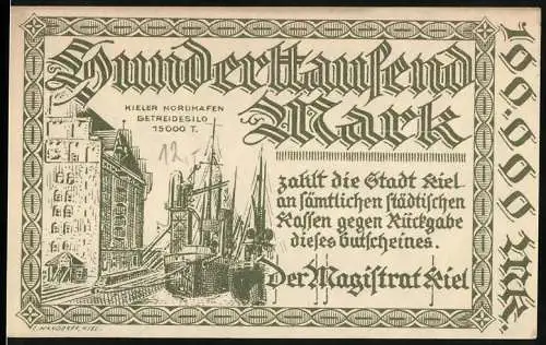 Notgeld Kiel, 1923, 100000 Mark, Abbildung Kieler Nordhafen mit Getreidesilo und Schiffen