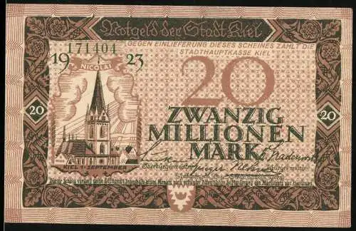 Notgeld Kiel 1923, 20 Millionen Mark, Kirche und dekoratives Muster