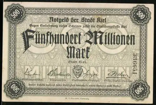 Notgeld Kiel, 500 Millionen Mark, Stadt Kiel mit Unterschriften und Seriennummer 336651, grüne Rückseite