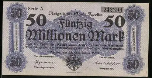 Notgeld Apolda 1923, 50 Millionen Mark, Serie A, lila Ornament, Seriennummer 242594