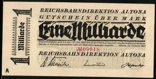 Notgeld Altona, 1923, 1 Milliarde Mark, Reichsbahndirektion Altona Gutschein über Eine Milliarde Mark