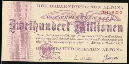Notgeld Altona 1923, 200 Millionen Mark, Reichsbahndirektion Gutschein bis 30. November 1923