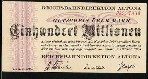 Notgeld Altona 1923, 100 Millionen Mark, Reichsbahndirektion Altona Gutschein bis 30. November 1923