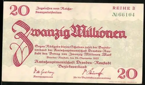 Notgeld Dresden-Neustadt, 1923, 20 Millionen Mark, zugelassen vom Reichsfinanzministerium, grüne Rückseite