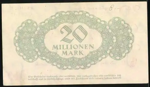 Notgeld Dresden-Neustadt, 1923, 20 Millionen Mark, zugelassen vom Reichsfinanzministerium, grüne Rückseite