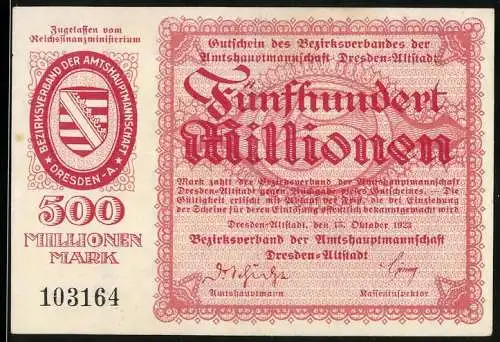 Notgeld Dresden 1923, 500 Millionen Mark, Bezirksverband der Amtshauptmannschaft Dresden-Altstadt, 15. Oktober 1923