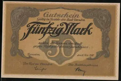 Notgeld Dresden 1918, 50 Mark, Gutschein gültig im Besitz der Stadt Dresden, Serie A, Nummer 89920