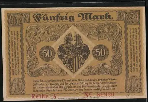 Notgeld Dresden 1918, 50 Mark, Gutschein gültig im Besitz der Stadt Dresden, Serie A, Nummer 89920