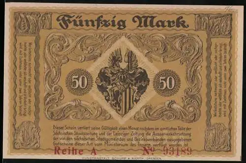 Notgeld Dresden 1918, 50 Mark, Gutschein der Stadt Dresden mit Wappen und Gültigkeitsvermerk