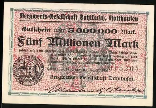 Notgeld Dahlbusch, 1923, 5 Millionen Mark, Bergwerks-Gesellschaft Dahlbusch Rothausen