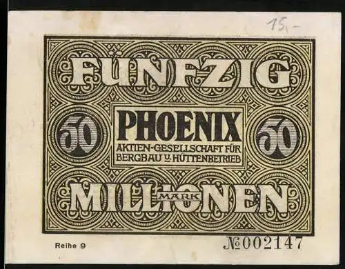 Notgeld Düsseldorf 1923, 50 Millionen Mark, Phoenix AG für Bergbau und Hüttenbetrieb, Adler und Flammenmotiv