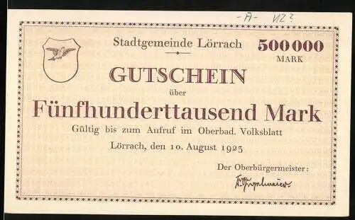 Notgeld Lörrach, 1923, 500000 Mark, Gutschein der Stadtgemeinde Lörrach vom 10. August 1923