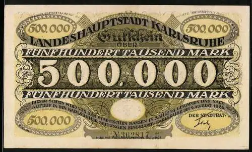 Notgeld Karlsruhe 1923, 500.000 Mark, Gothischer Turm, Durlacher Tor, Nassauischer Palais, Ettlinger Tor