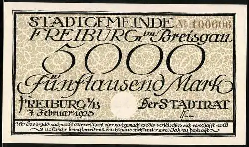 Notgeld Freiburg im Breisgau 1923, 5000 Mark, Stadtansicht mit Münster und Stadtwappen