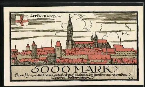 Notgeld Freiburg im Breisgau 1923, 5000 Mark, Stadtansicht mit Münster und Stadtwappen