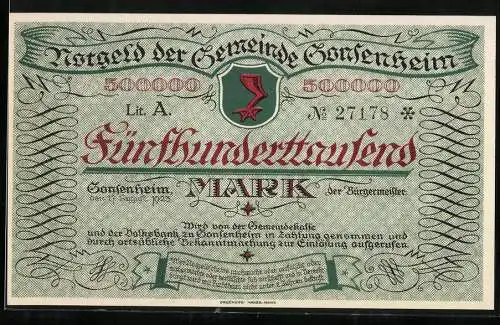Notgeld Gonsenheim 1923, 500000 Mark, grüne und rote Schrift, Wappen und Gebäudeabbildung