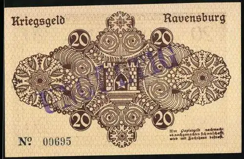 Notgeld Ravensburg 1918, 20 Mark, Kriegs- & Oberamtspflege gültig bis 1. Februar 1919, Stempel Ungültig