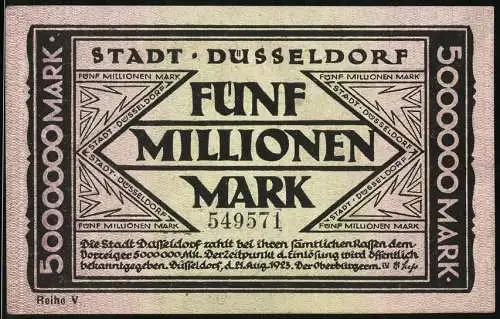 Notgeld Düsseldorf, 1923, 5 Millionen Mark, Vorderseite Text und Rückseite Kinder auf Brunnen