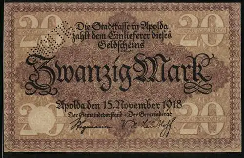 Notgeld Apolda 1918, Zwanzig Mark, braun, Serie II Nr. 20534, Wappenabbildung