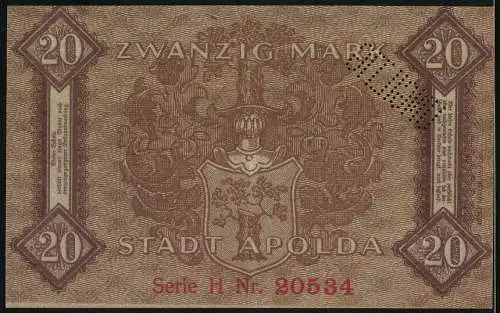 Notgeld Apolda 1918, Zwanzig Mark, braun, Serie II Nr. 20534, Wappenabbildung