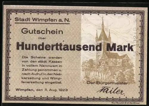 Notgeld Wimpfen, 1923, 100000 Mark, historische Stadtansicht mit Kirche und Landschaft