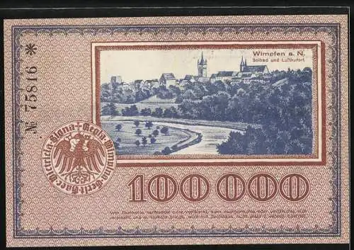 Notgeld Wimpfen, 1923, 100000 Mark, historische Stadtansicht mit Kirche und Landschaft