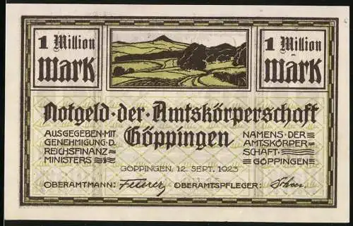 Notgeld Göppingen, 1923, 1 Million Mark, Landschaft und Gebäude