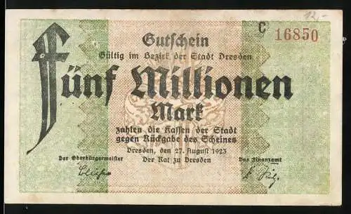 Notgeld Dresden 1923, 5 Millionen Mark, Gutschein gültig im Bezirk der Stadt Dresden