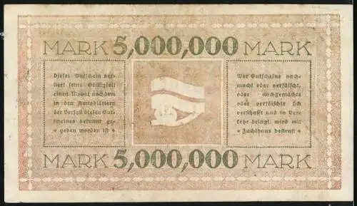 Notgeld Dresden 1923, 5 Millionen Mark, Gutschein gültig im Bezirk der Stadt Dresden