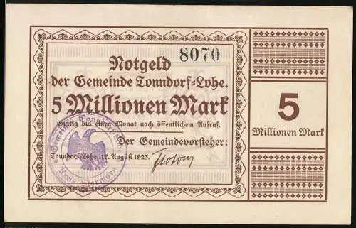 Notgeld Tonndorf-Lohe 1923, 5 Millionen Mark, Seriennummer 8070, Adlerstempel, Gemeindevorsteher Unterschrift